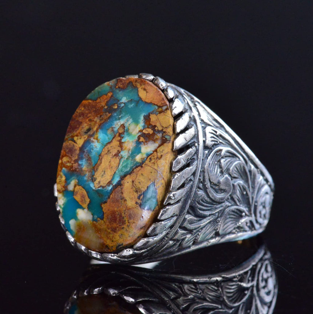 Kambo Genuine Natural Turquoise Stone Ring - 925 Sterling Silver Handmade Men's Jewelry — 3