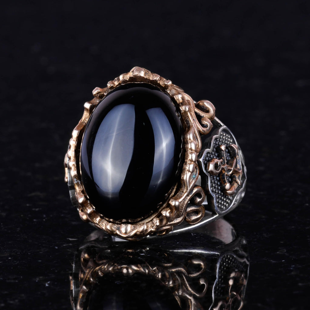 Nautical Anchor Silver Ring, 925 Sterling Silver Ring, Cabochon Onyx Stone Ring — 6