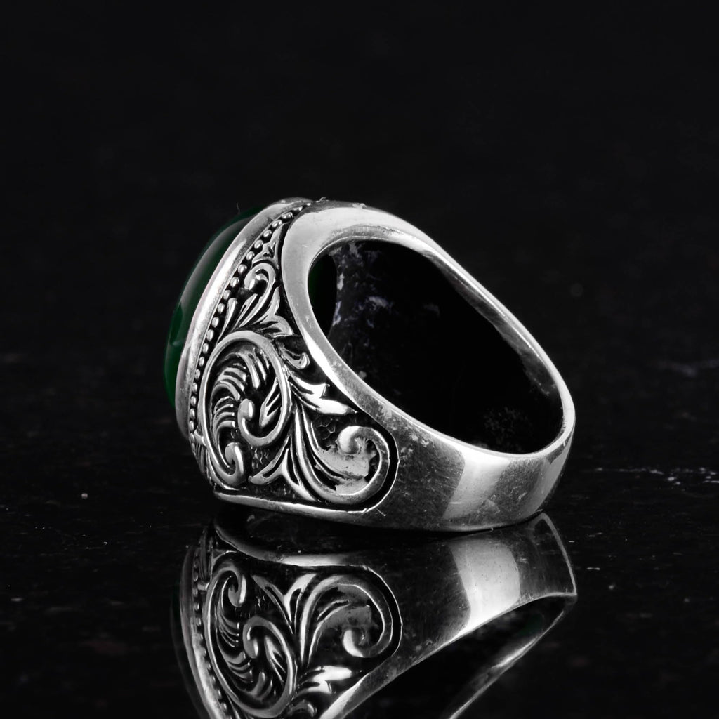 Handmade Natural Jade Stone Ring - 925 Sterling Silver Men's Ring - Harmony and Abundance Design — 7