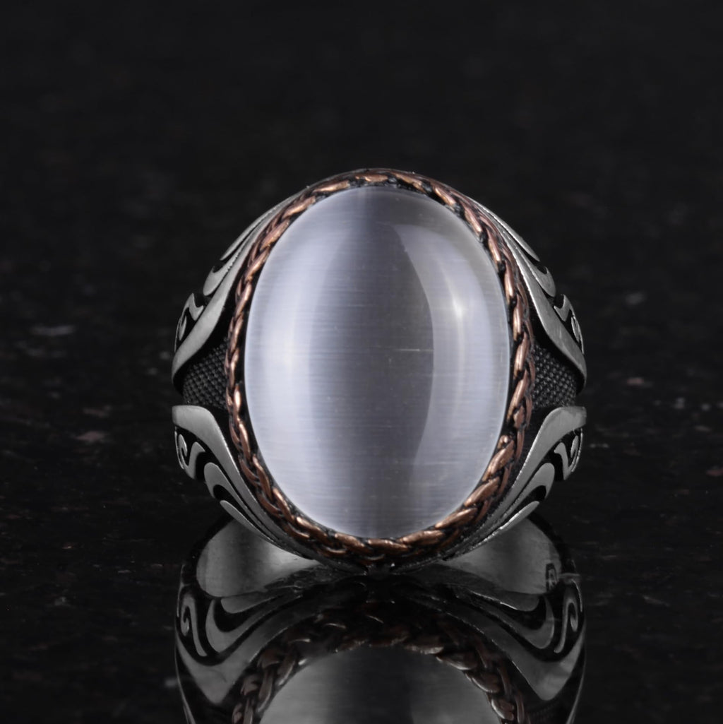 925 Sterling Silver Ring - Silver Ring with Synthetic Stone - Handmade Ring (White Cat's Eye) — 4