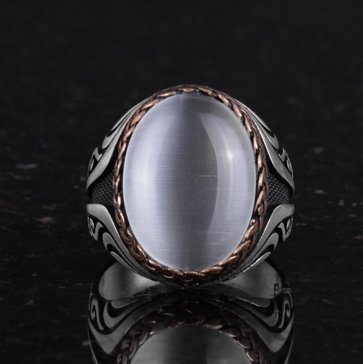 925 Sterling Silver Ring - Silver Ring with Synthetic Stone - Handmade Ring (White Cat's Eye) — 4