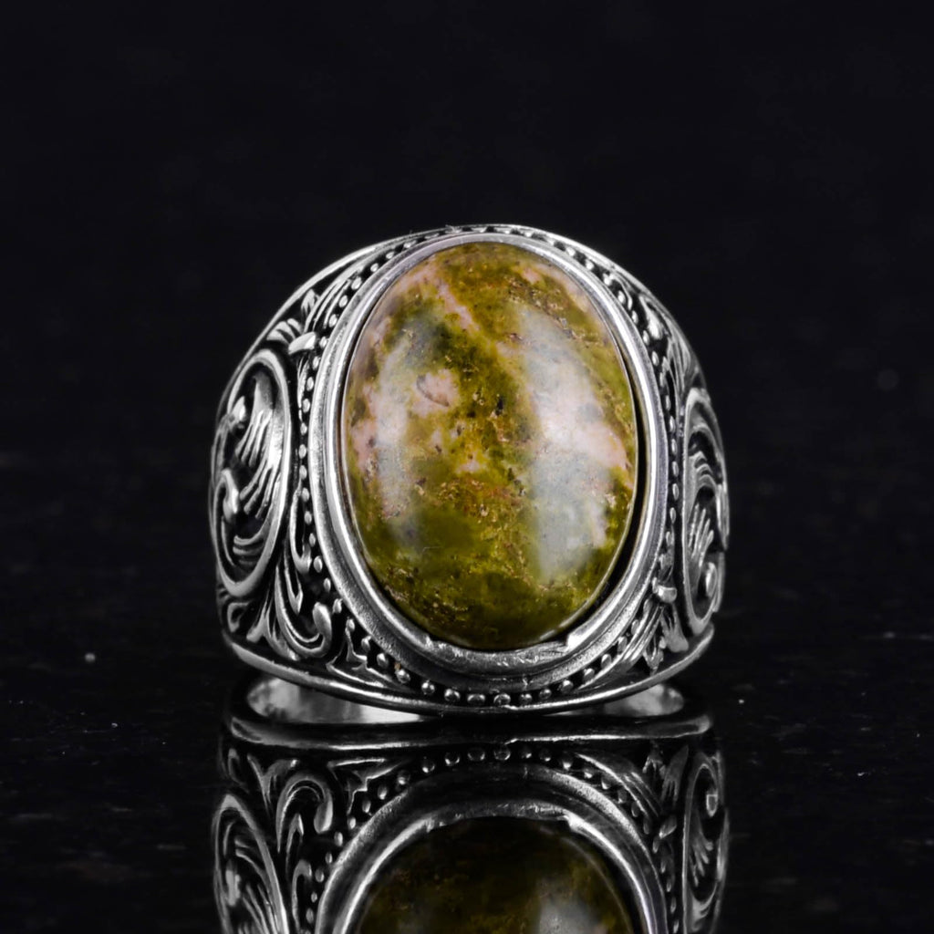 Unakite Stone Ring - 925 Sterling Silver Men's Ring — 4