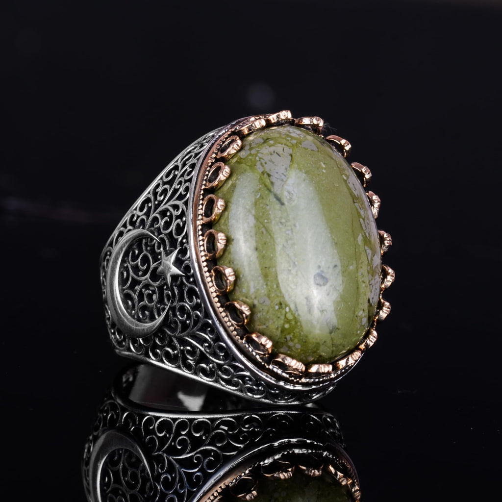 KAMBO 925 Sterling Silver Men's Natural Stone Ring - Moon and Star Design - Handmade Vintage Jewelry (Unakite) — 5