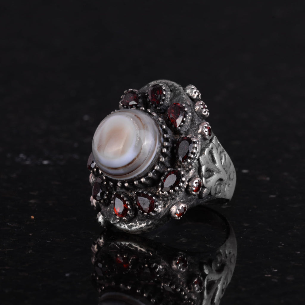 Natural Yemen Agate and Garnet Stone Ring - Sultan Ring - 925 Sterling Silver — 5