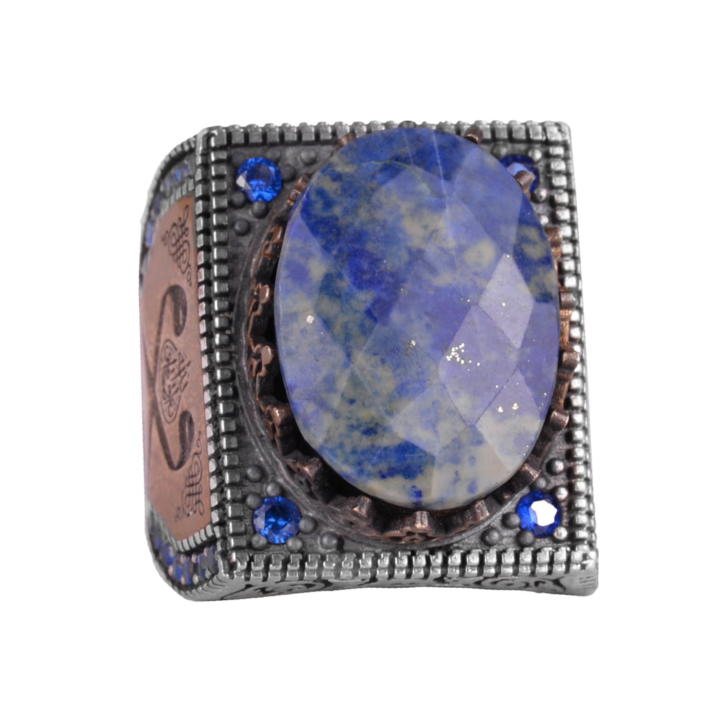 Natural Sodalite Stone Ring - 925 Sterling Silver Islamic Ring - Handmade Calligraphy Ring