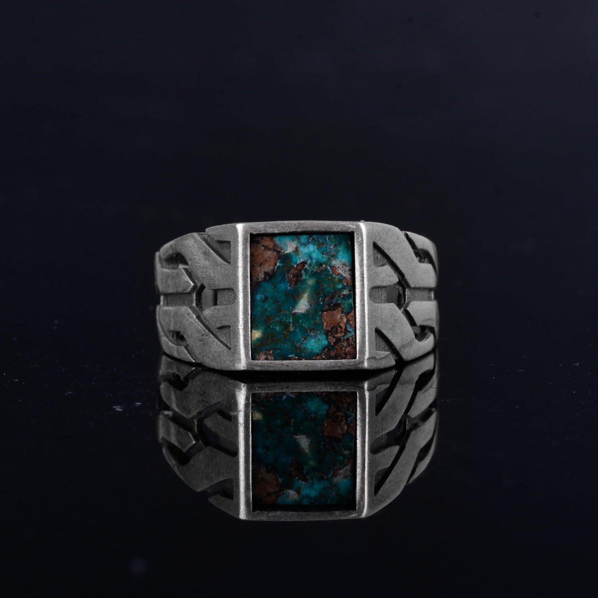 KAMBO Natural Square Turquoise Stone 925 Sterling Silver Men's Ring – Handmade Silver Jewelry with Geometric Side Design (Turquoise-4) — 3