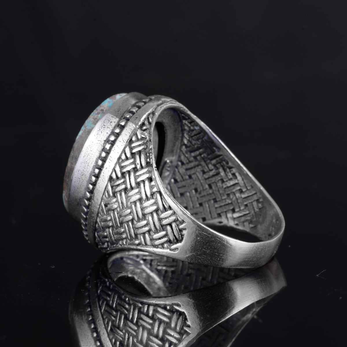 KAMBO Natural Turquoise Stone 925 Sterling Silver Men's Ring - Handmade Woven Texture Vintage Statement Jewelry (Style-1) — 7