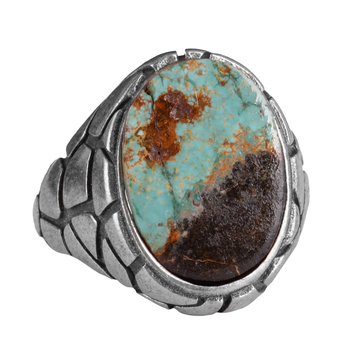 KAMBO Natural Turquoise Stone Ring - Snake Skin Pattern 925 Sterling Silver Men's Ring (Style-3)