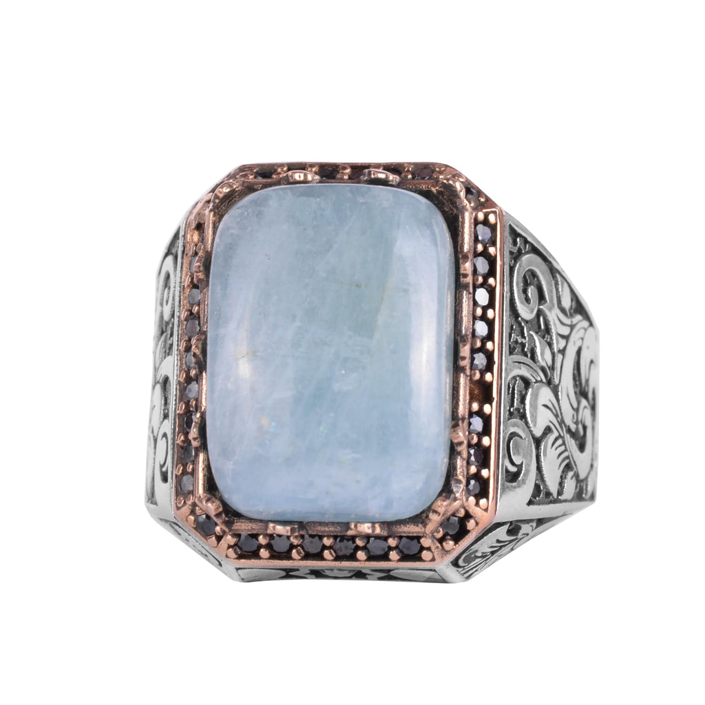 KAMBO Natural Stone Ring for Men 925 Sterling Silver - Rectangular Statement Ring Handmade Jewelry (Aquamarine)