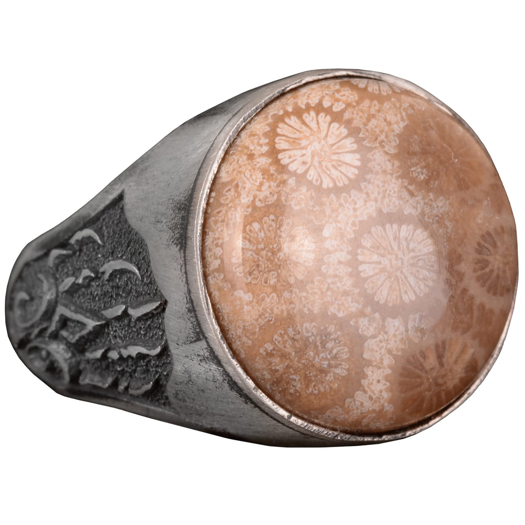 Natural Coral Stone Ring, 925 Sterling Silver Ring