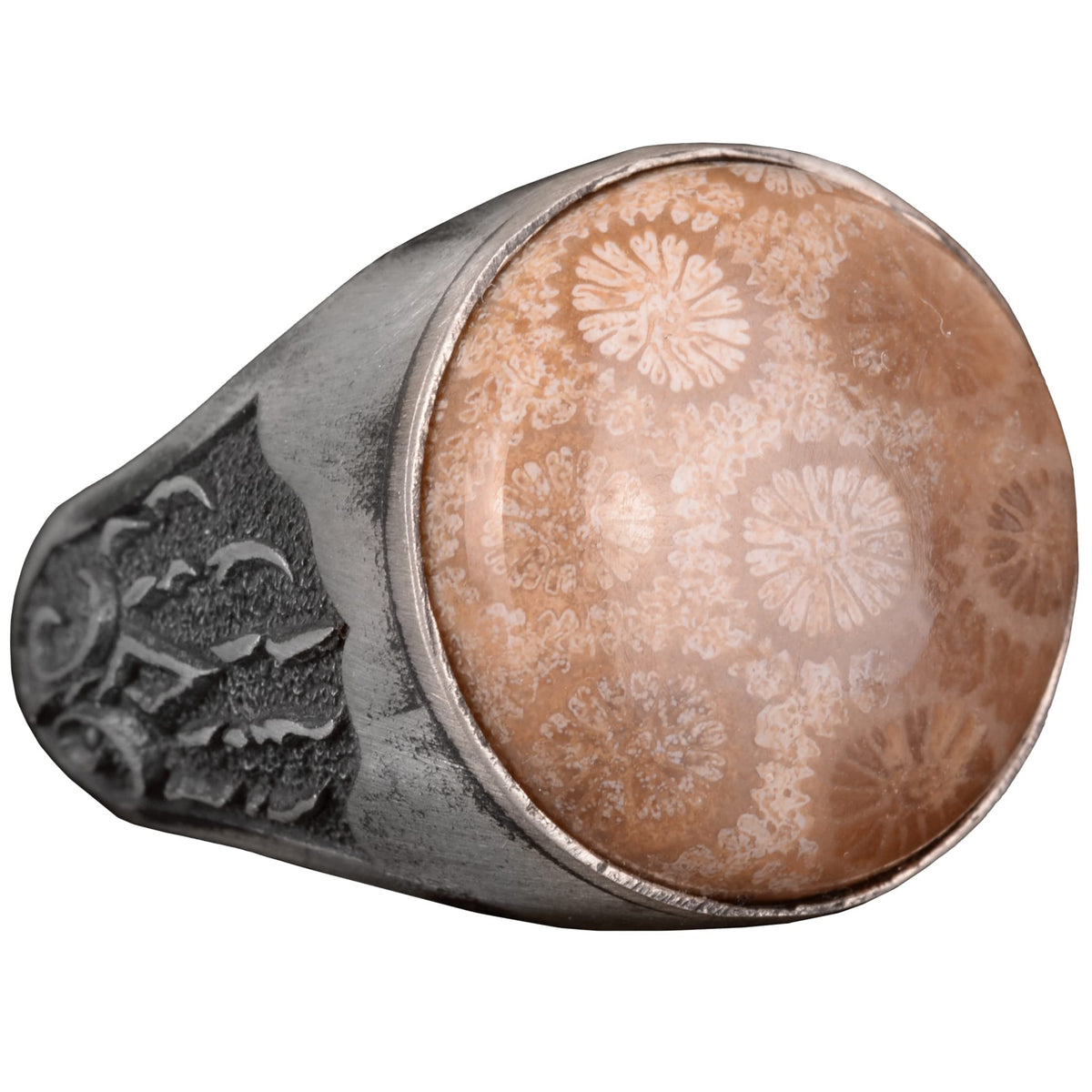 Natural Coral Stone Ring, 925 Sterling Silver Ring