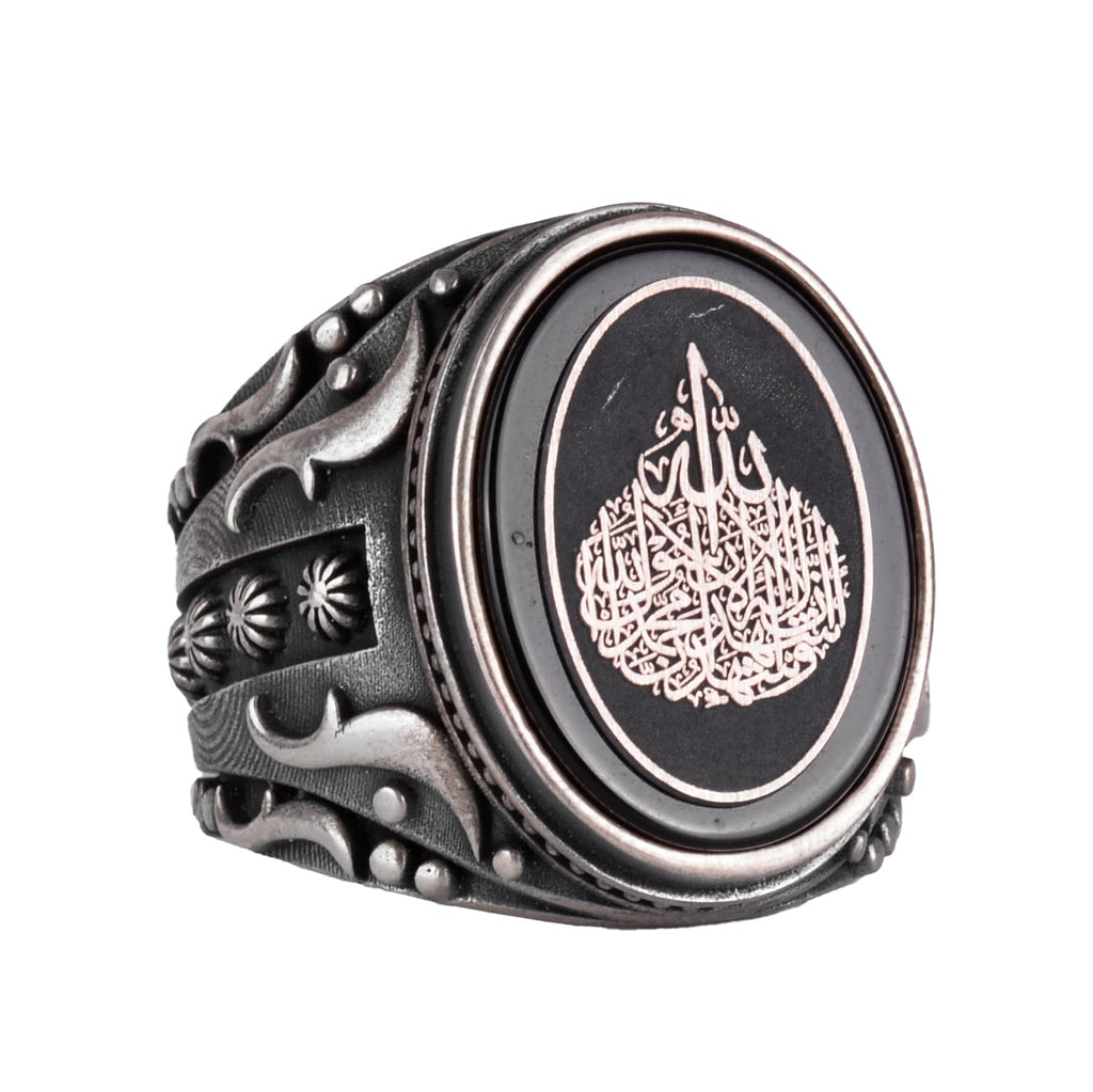 Silver Men's Ring with Natural Onyx Stone - Ayat al-Kursi Design Ring