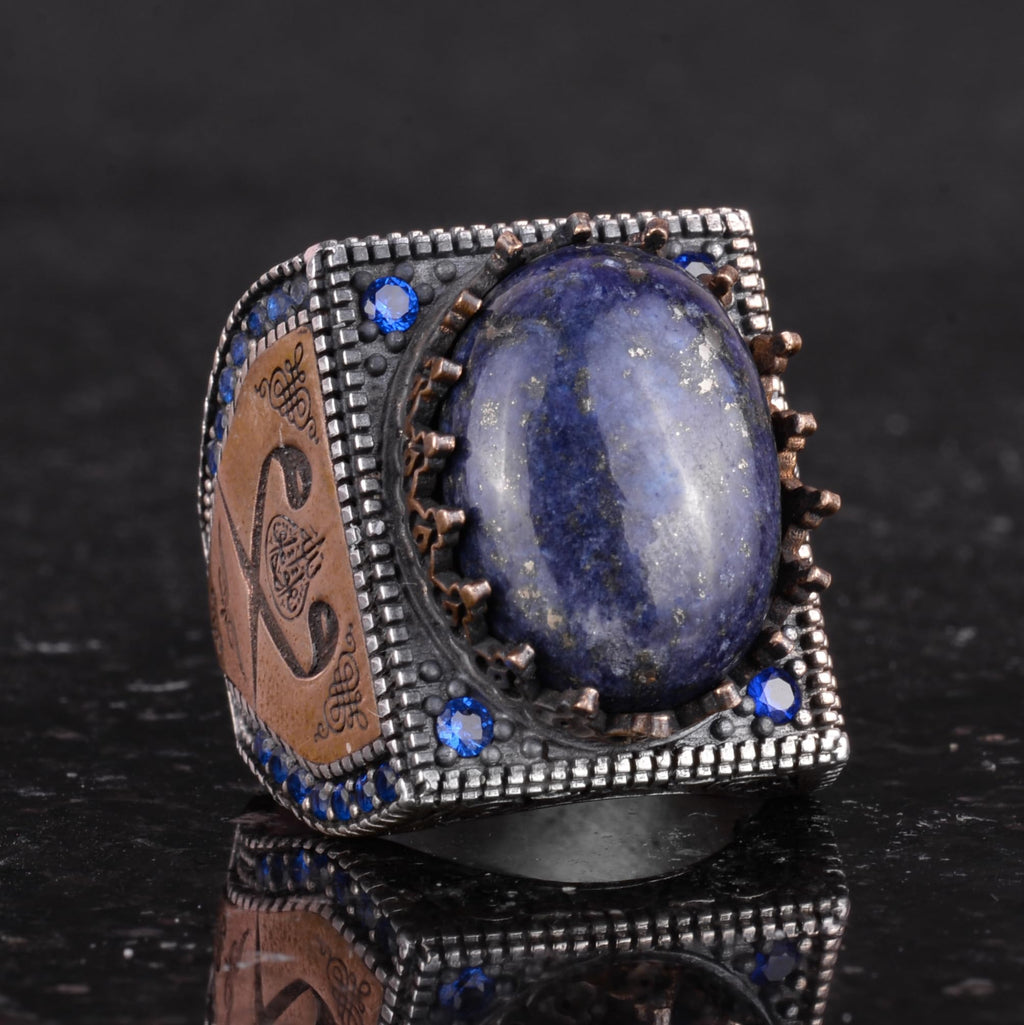Natural Stone Ring - 925 Sterling Silver Islamic Ring - Handmade Calligraphy Ring (Lapis Lazuli) — 5