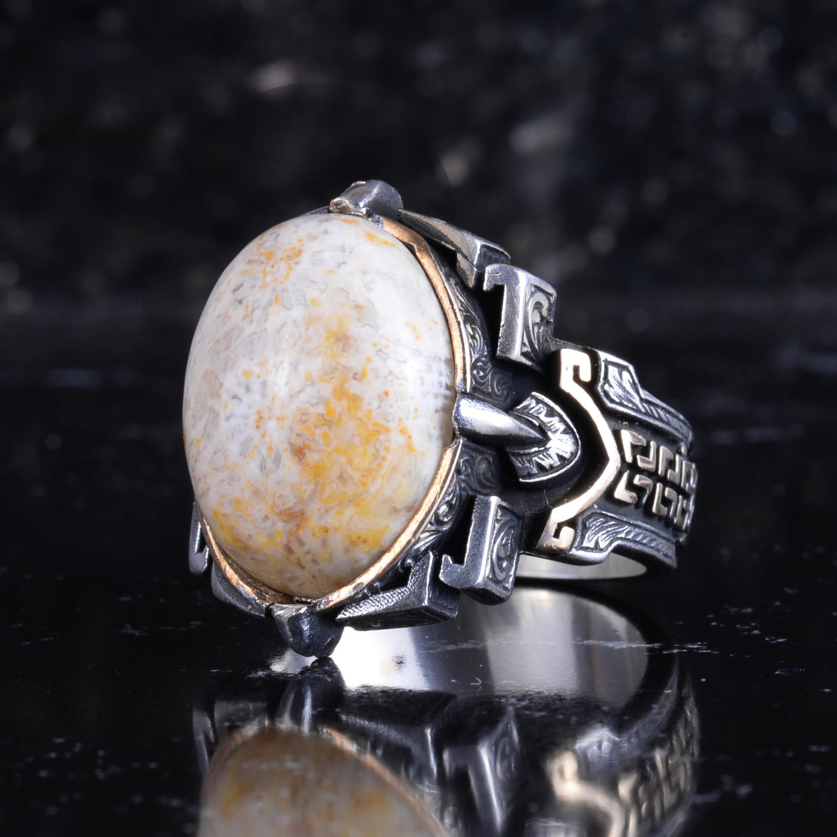 KAMBO Natural Stone Ring 925 Sterling Silver – Handmade Men's Statement Ring Healing Jewelry (Coral) — 5