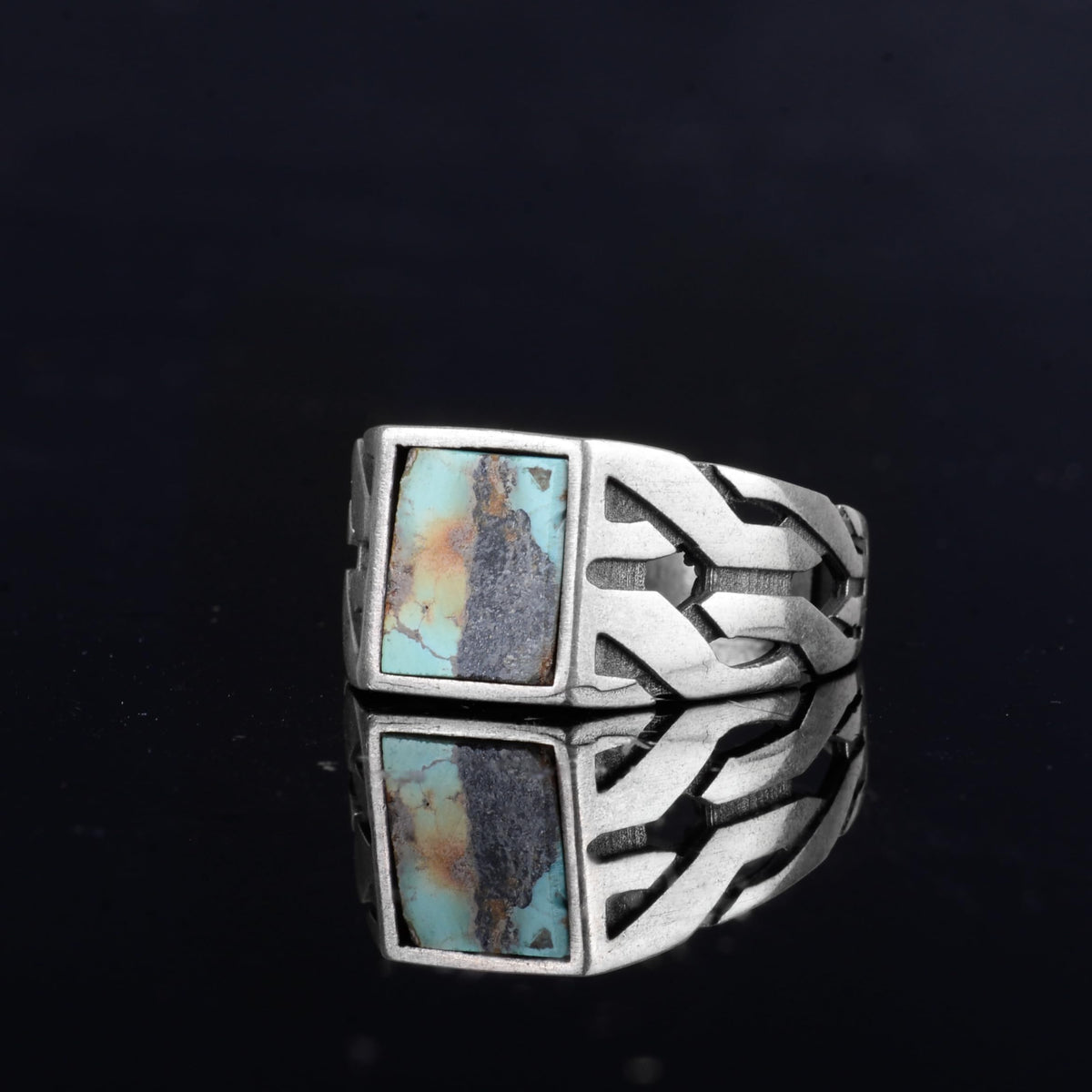 KAMBO Natural Square Turquoise Stone 925 Sterling Silver Men's Ring – Handmade Silver Jewelry with Geometric Side Design (Turquoise-2) — 3