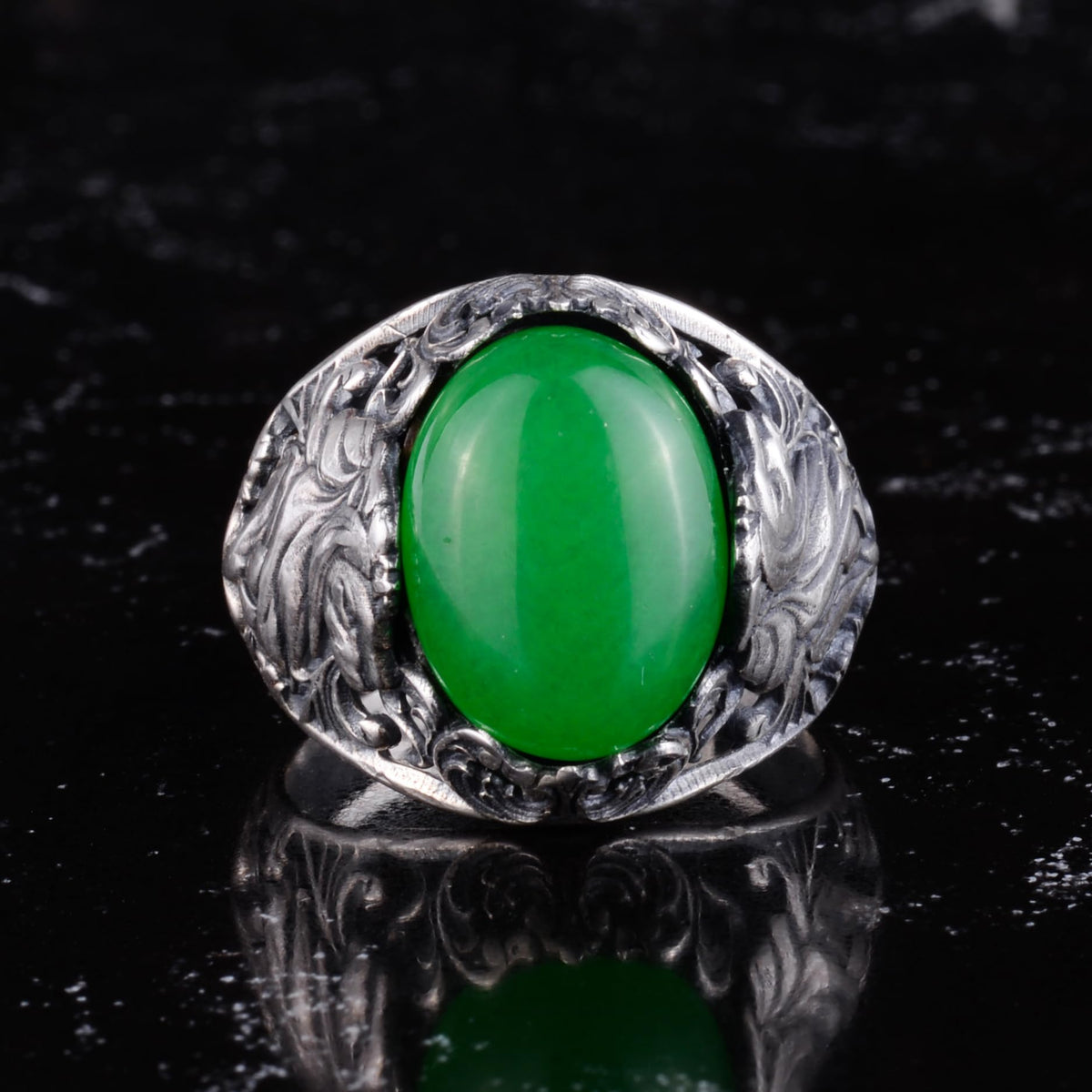 KAMBO Natural Stone Men's Ring 925 Sterling Silver - Large Flower Engraved Statement Ring - Handmade Vintage Ring for Men (Jade) — 4