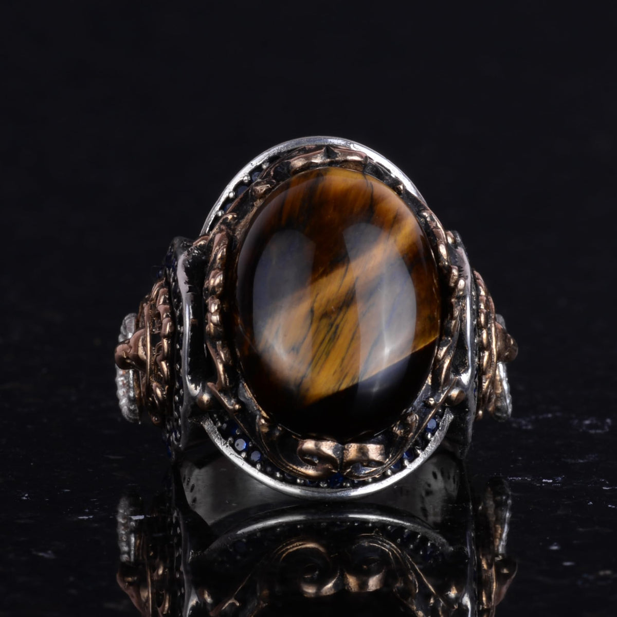 Handmade Tiger Eye Stone Ring, Lion Symbol Ring - 925K Pure Silver Men's Ring - Brave Design — 4