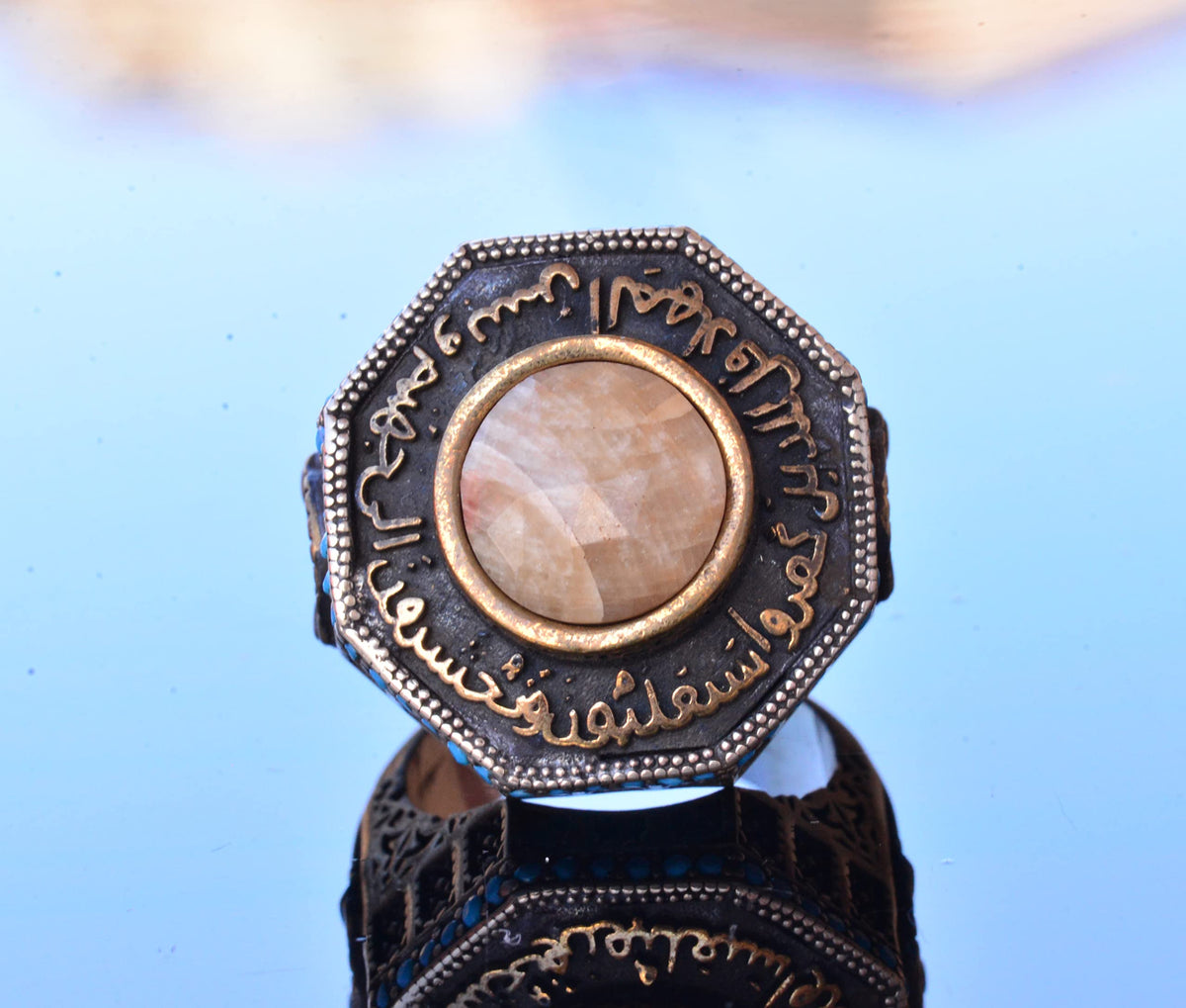 KAMBO Handmade 925 Sterling Silver Men's Ring with Natural Yellow Sapphire Gemstone, Islamic Al-Aqsa Mosque Design, Vint