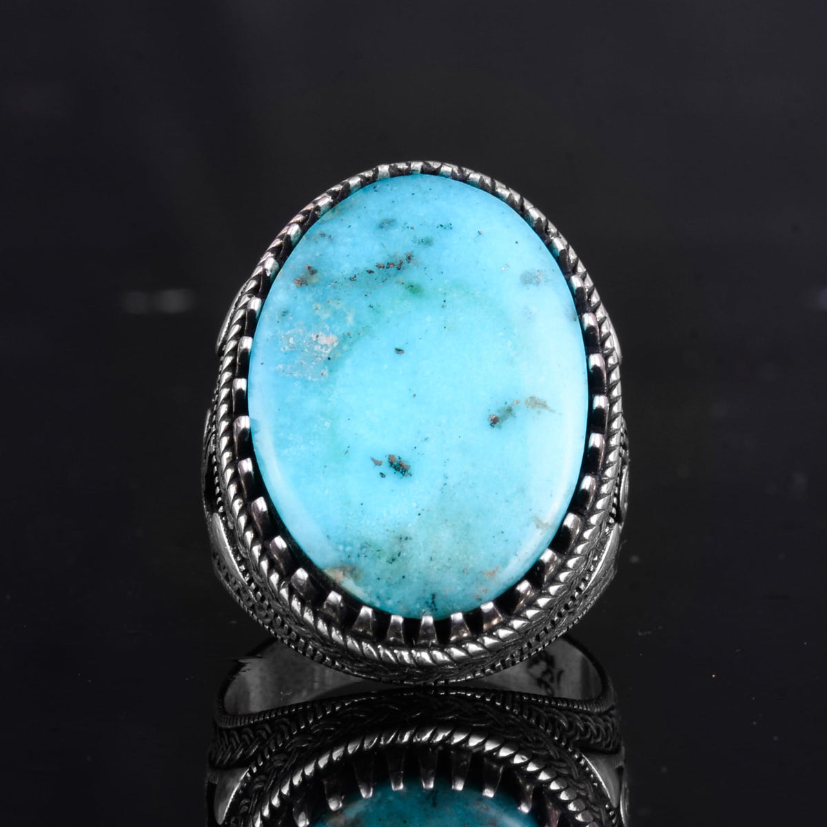 KAMBO Ottoman Tugra Design Natural Turquoise Stone Ring - 925 Sterling Silver Handmade Men's Ring (Style-5) — 3