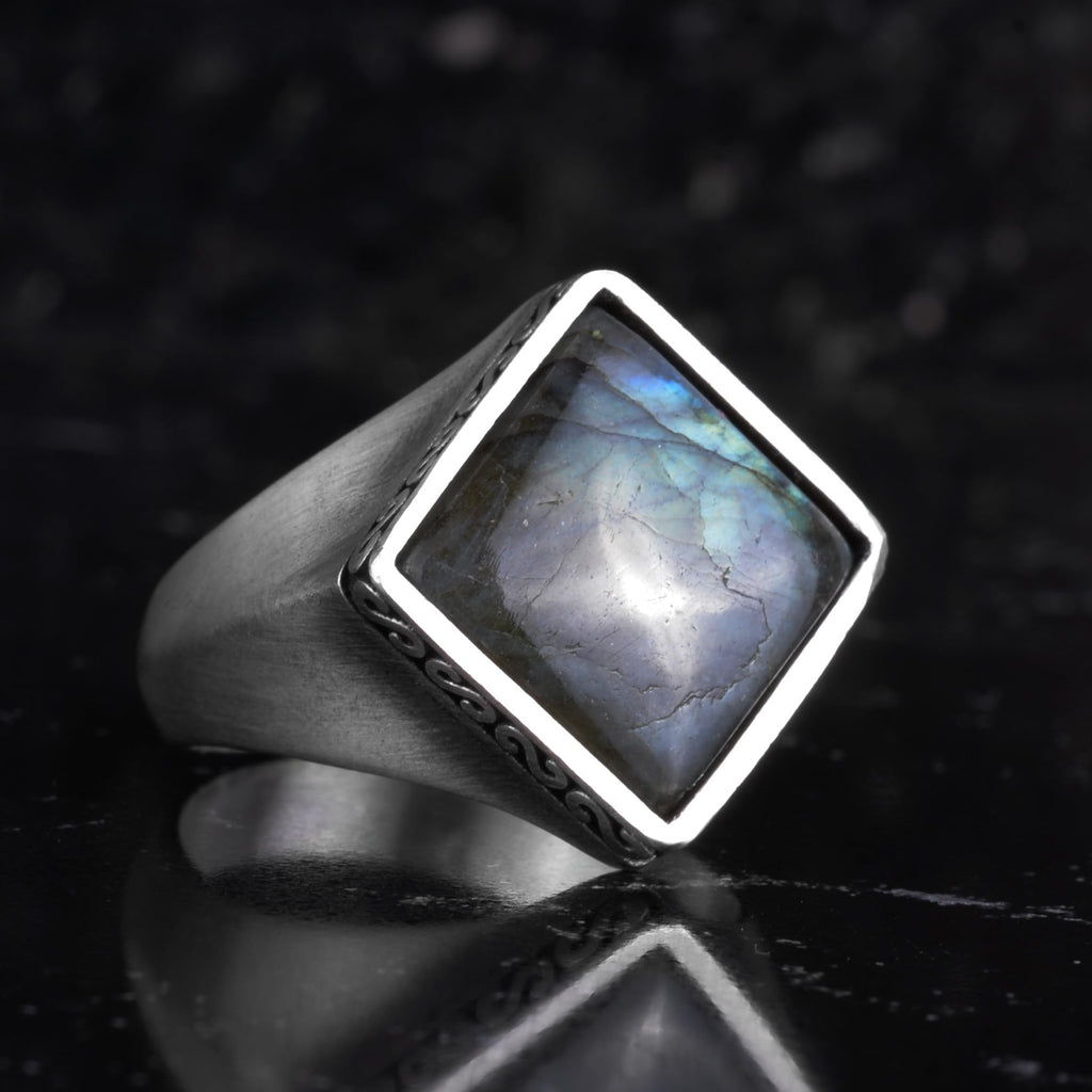 KAMBO Natural Stone Men's Ring 925 Sterling Silver – Square Cut Stone Handmade Minimalist Statement Ring (Labradorite) — 5