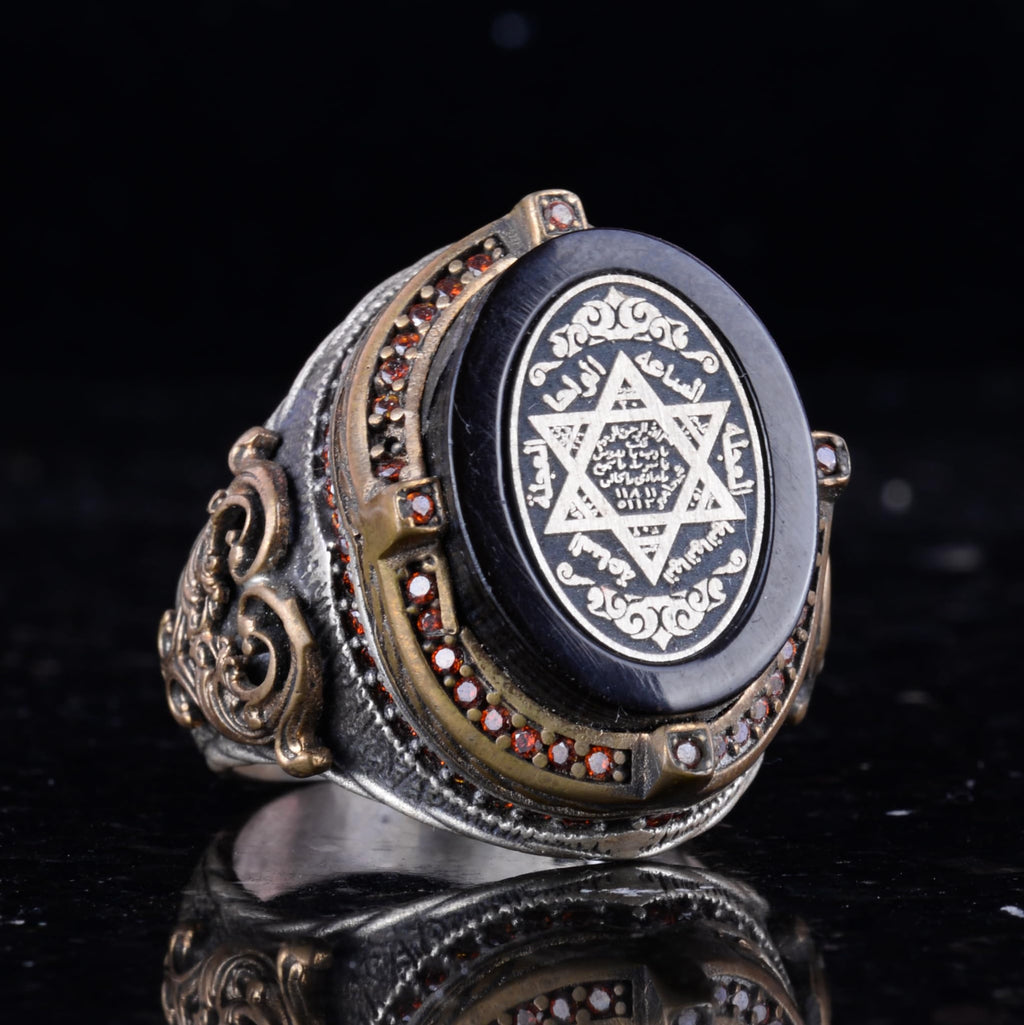 Silver Men's Ring - Onyx Stone - Solomon Seal Symbol, Courage and Vitality Symbol - Handmade Ring — 3