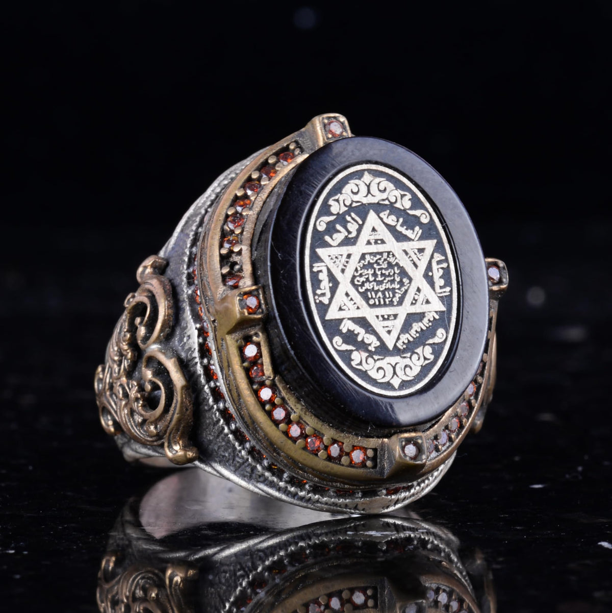 Silver Men's Ring - Onyx Stone - Solomon Seal Symbol, Courage and Vitality Symbol - Handmade Ring — 3