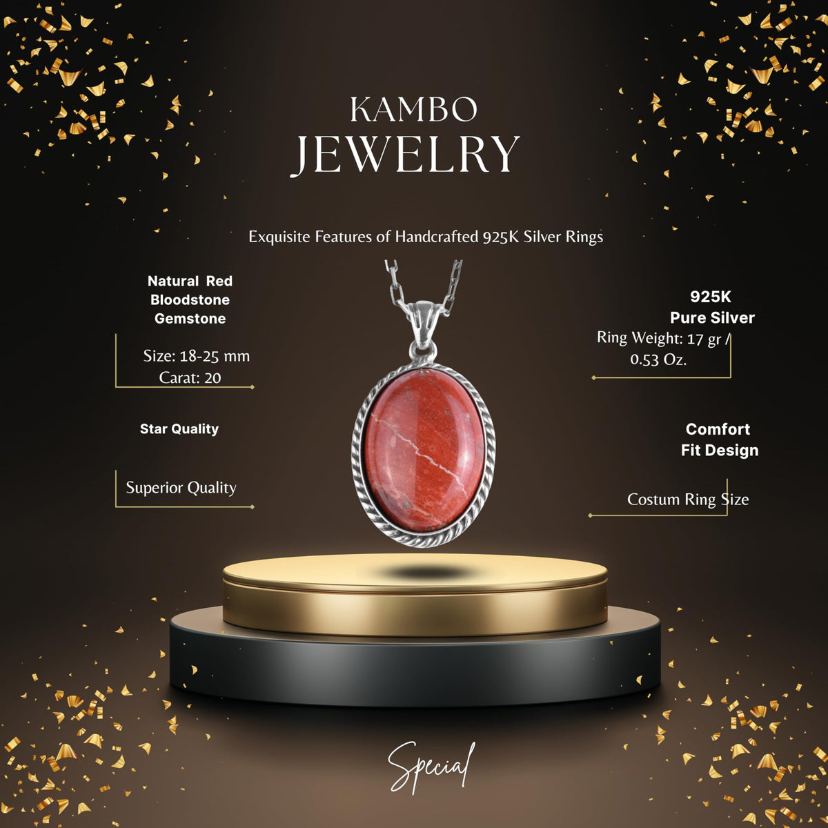 KAMBO Natural Stone Chain Unisex Necklace 925 Sterling Silver – Handmade Oval Description Necklace (Red Bloodstone) — 2