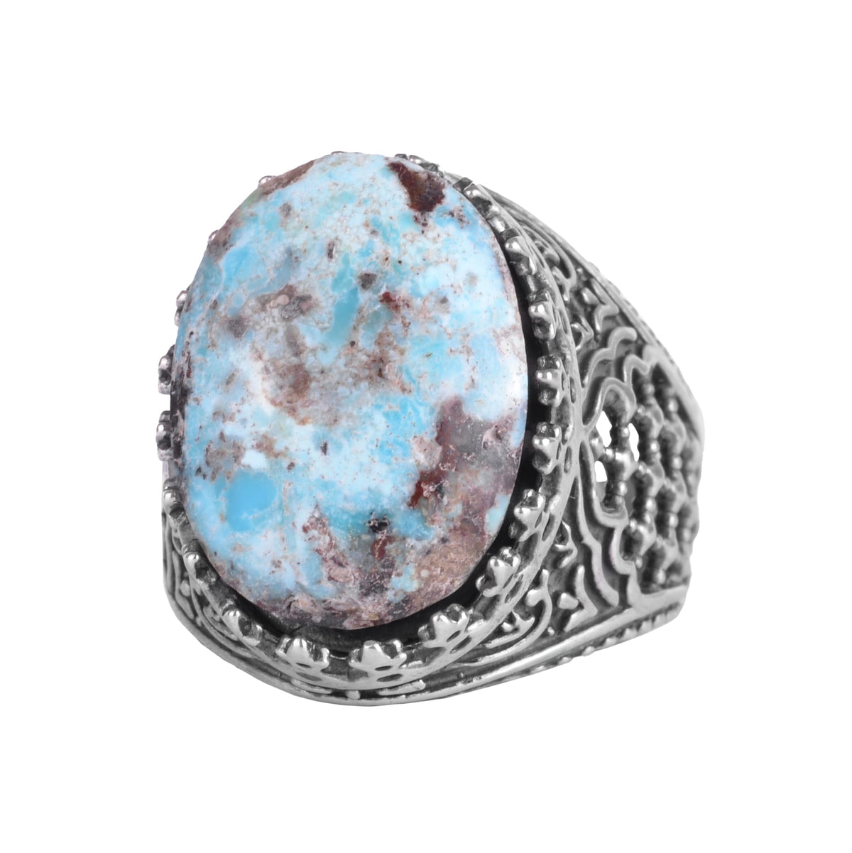 KAMBO Natural Turquoise Stone Men's Ring 925 Sterling Silver Spider Web Pattern Oval Cabochon Vintage Handmade Statement Ring (Turquoise-2)