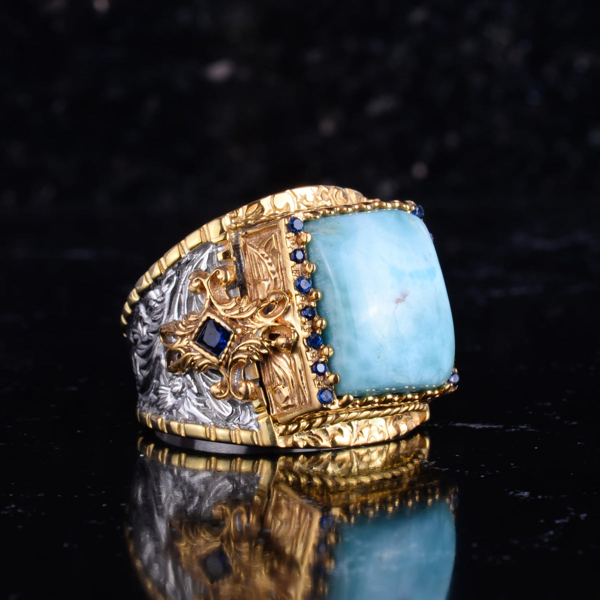 KAMBO Natural Larimar Stone Men's Ring – Silver Gold Plated Blue Stone Detailed 925 Sterling Silver Square Cabochon Larimar Ring – Handmade Expression Jewelry — 6