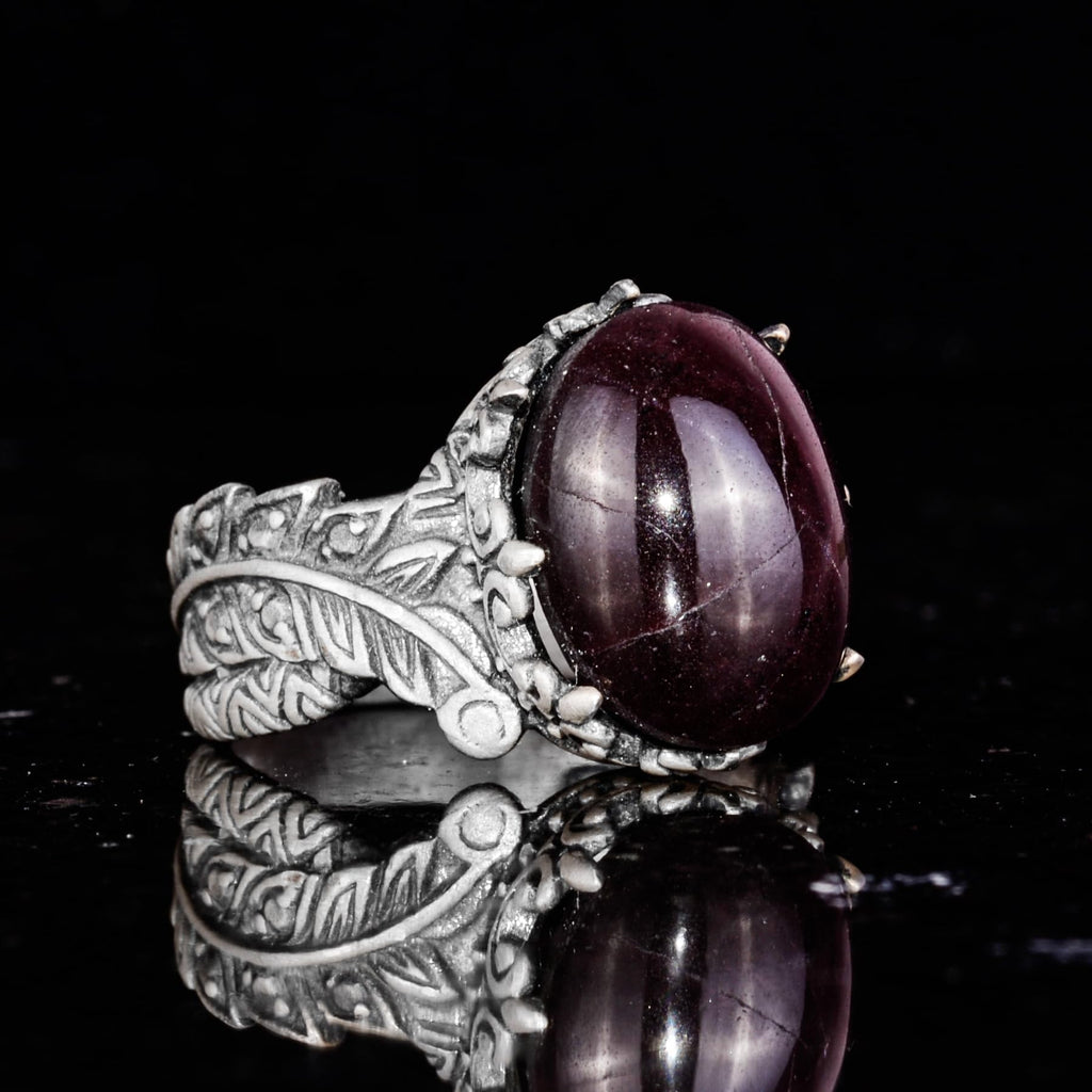 925 Sterling Silver Ring with Natural Star Garnet Stone - Handcrafted Leaf Pattern Ring — 6