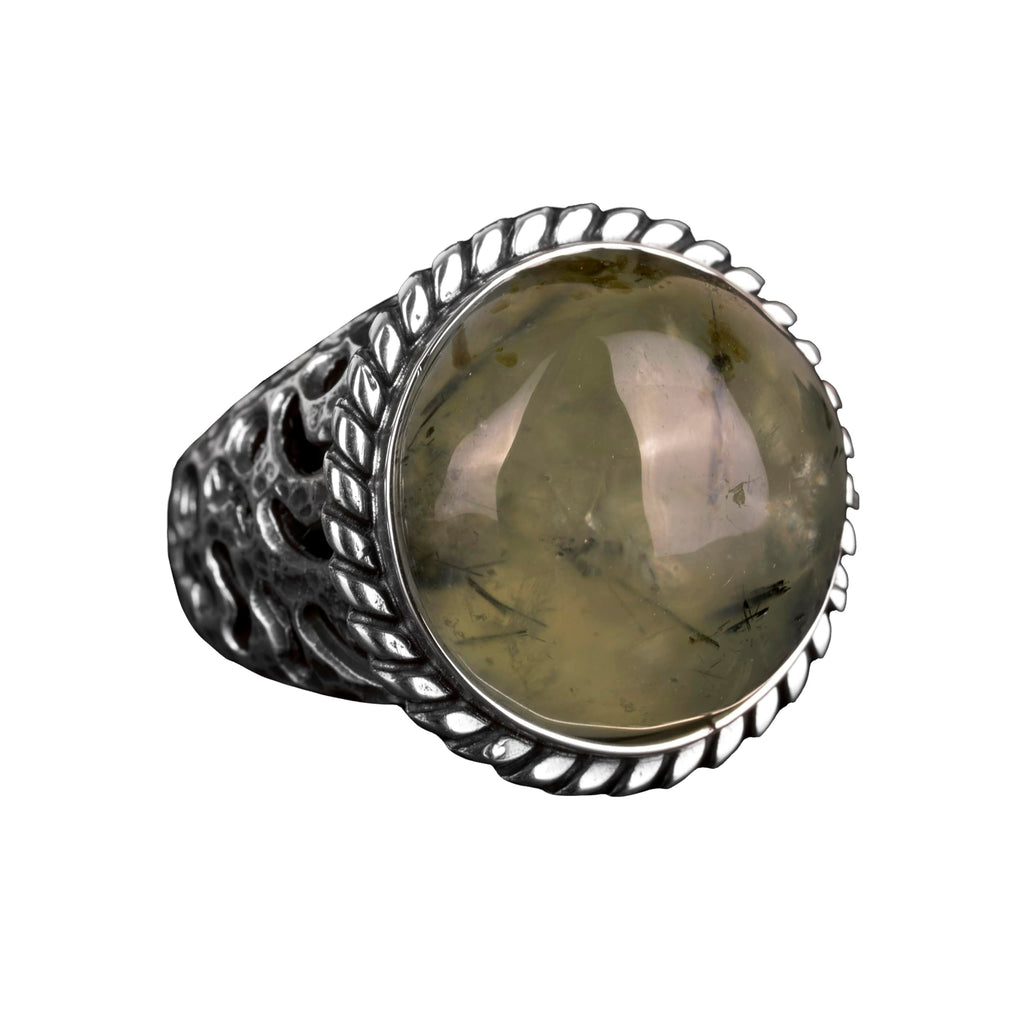 925 Sterling Silver Men's Ring, Natural Prehnite Stone, Texture Detailed Band, Green Prehnite Stone — 7