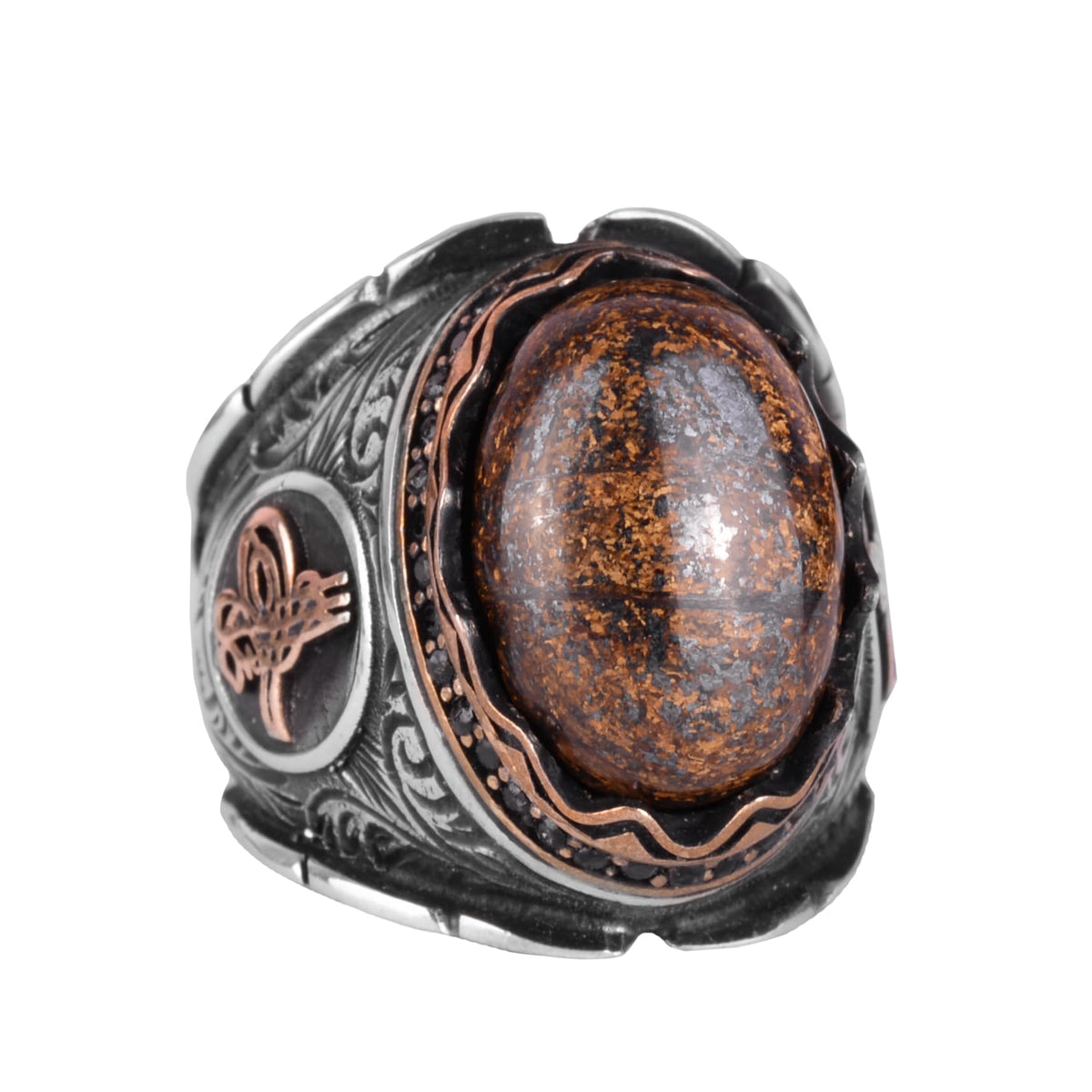 Natural Bronzie Stone Ring, 925 Sterling Silver Men's Ring, Ottoman Tughra Ring