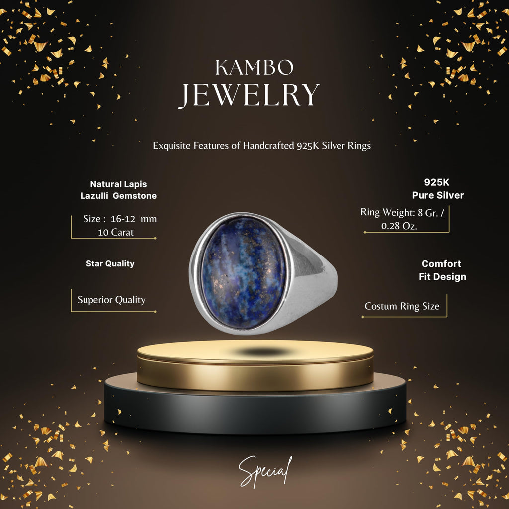 KAMBO Natural Men's Ring – 925 Sterling Silver Minimalist Oval Stone Ring – Handmade Classic Jewelry (Lapis Lazuli) — 2