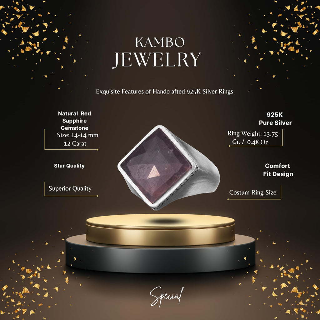 KAMBO Natural Stone Men's Ring 925 Sterling Silver – Square Cut Stone Handmade Minimalist Statement Ring (Red Sapphire) — 2