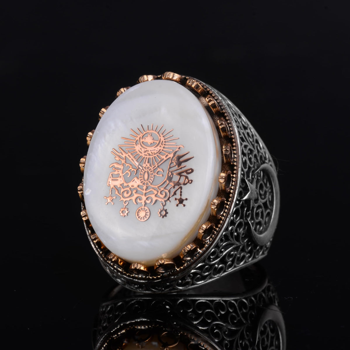 KAMBO Pearl Stone Men's Large Ring – 925 Sterling Silver Star and Moon Side Design (Tughra) — 5