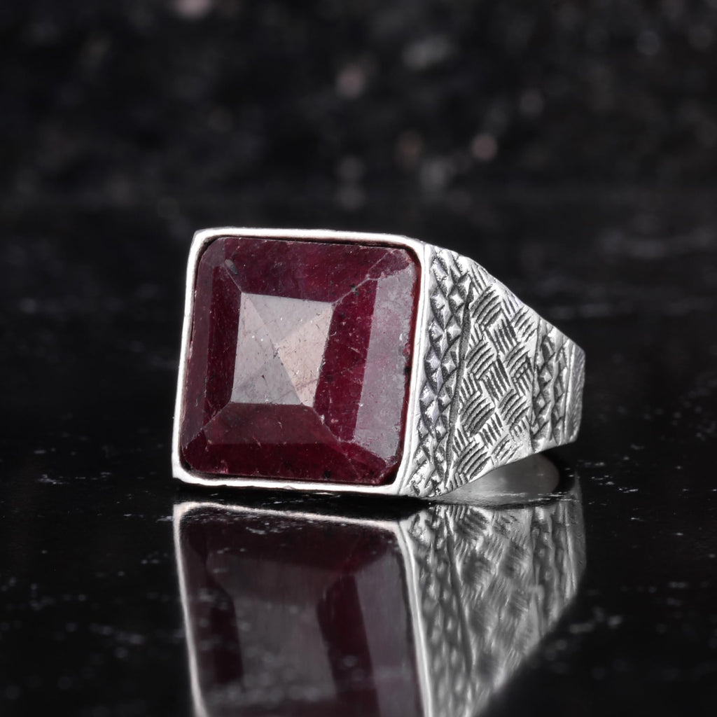 KAMBO Natural Stone Men's Ring 925 Sterling Silver Square Stone Handmade Statement Ring Unique Masculine Jewelry (Ruby) — 5