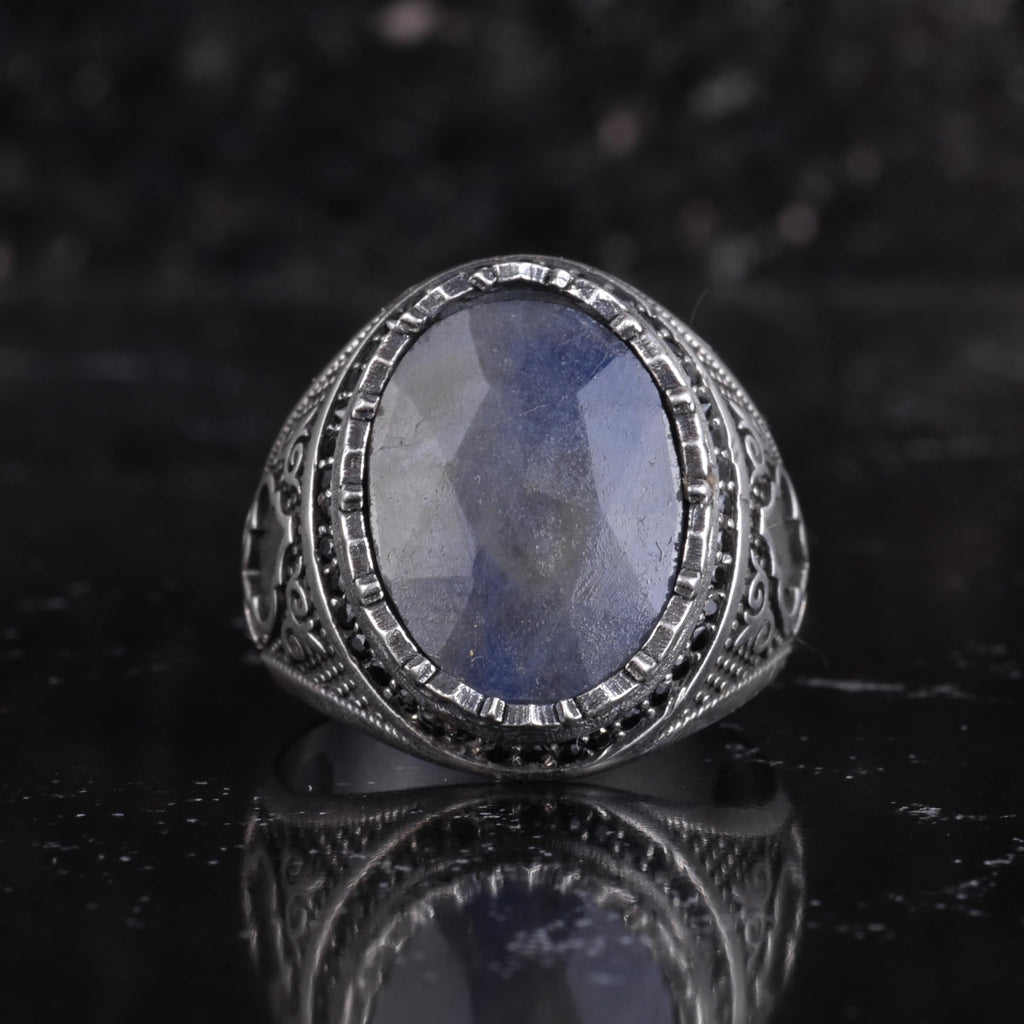 Natural Sapphire Stone Men's Ring 925 Sterling Silver Tooth Frame Black Stone Halo Handmade Statement Ring (Blue Sapphire-1) — 4