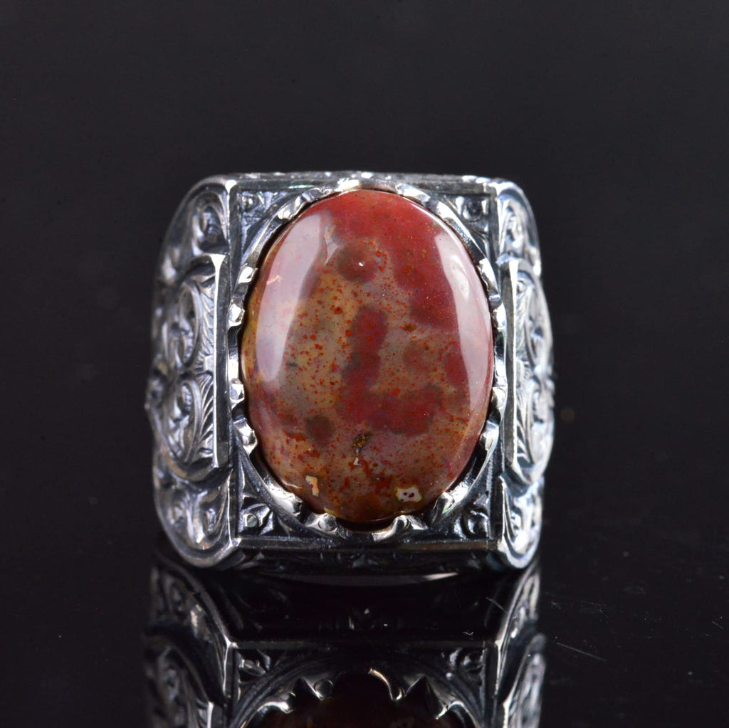 KAMBO Handmade 925 Sterling Silver Men's Bloodstone Ring with Intricate Vintage Engraved Design, Statement Gemstone Jewe