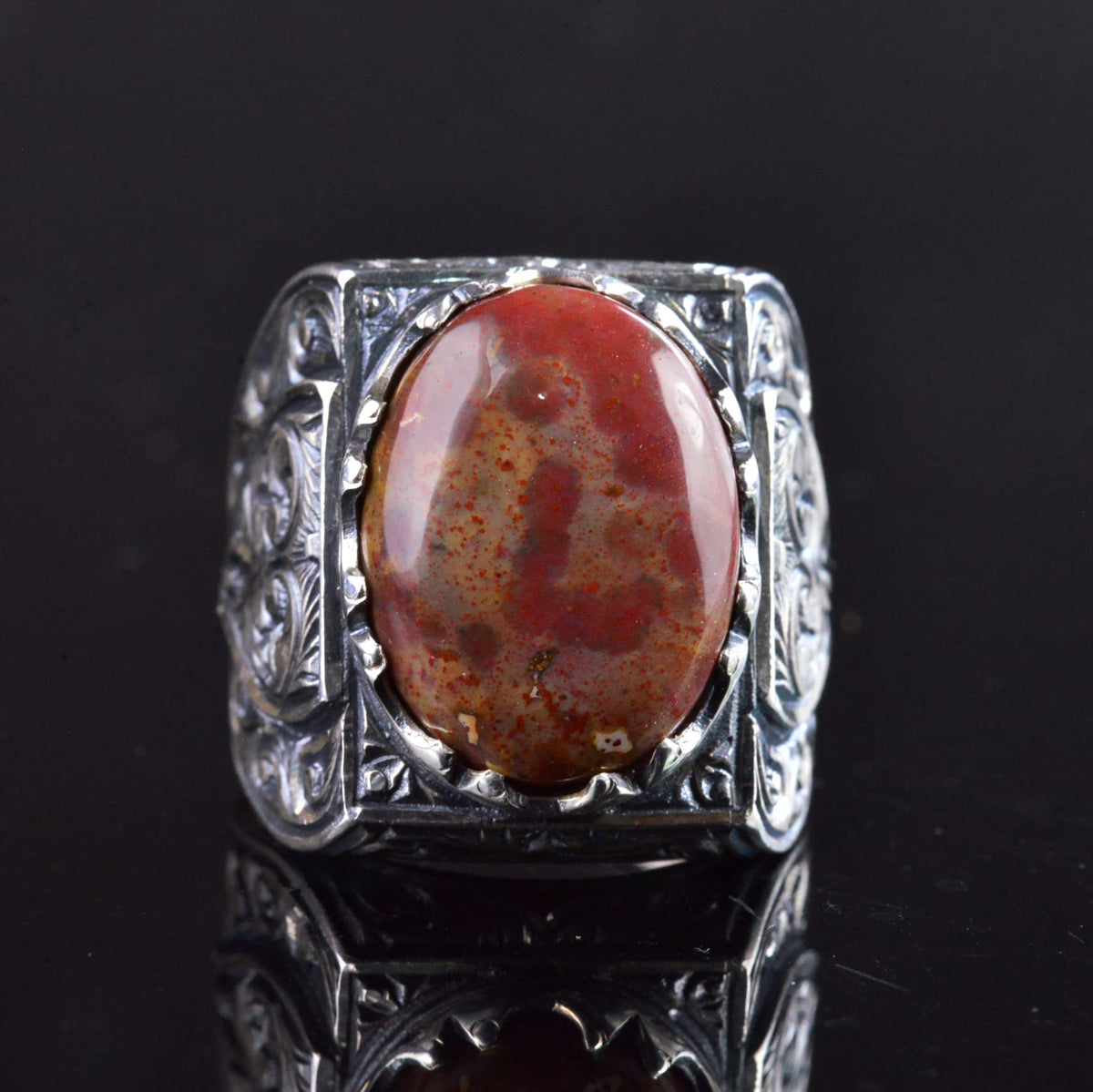 KAMBO Handmade 925 Sterling Silver Men's Bloodstone Ring with Intricate Vintage Engraved Design, Statement Gemstone Jewe