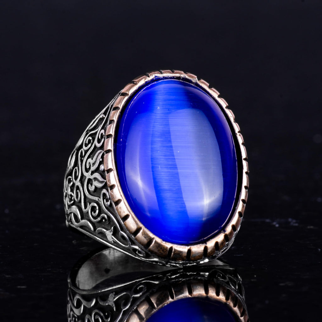 925 Sterling Silver Men's Ring - Big Ring (Dark Blue Cat Eye Stone) — 5
