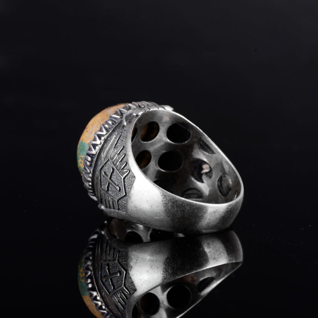 KAMBO Natural Turquoise Men's Ring – 925 Sterling Silver Round Ottoman Style Seal Ring (Turquoise) — 7