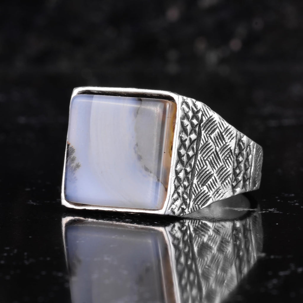KAMBO Natural Stone Men's Ring 925 Sterling Silver Square Stone Handmade Statement Ring Unique Masculine Jewelry (Yemen Agate) — 5
