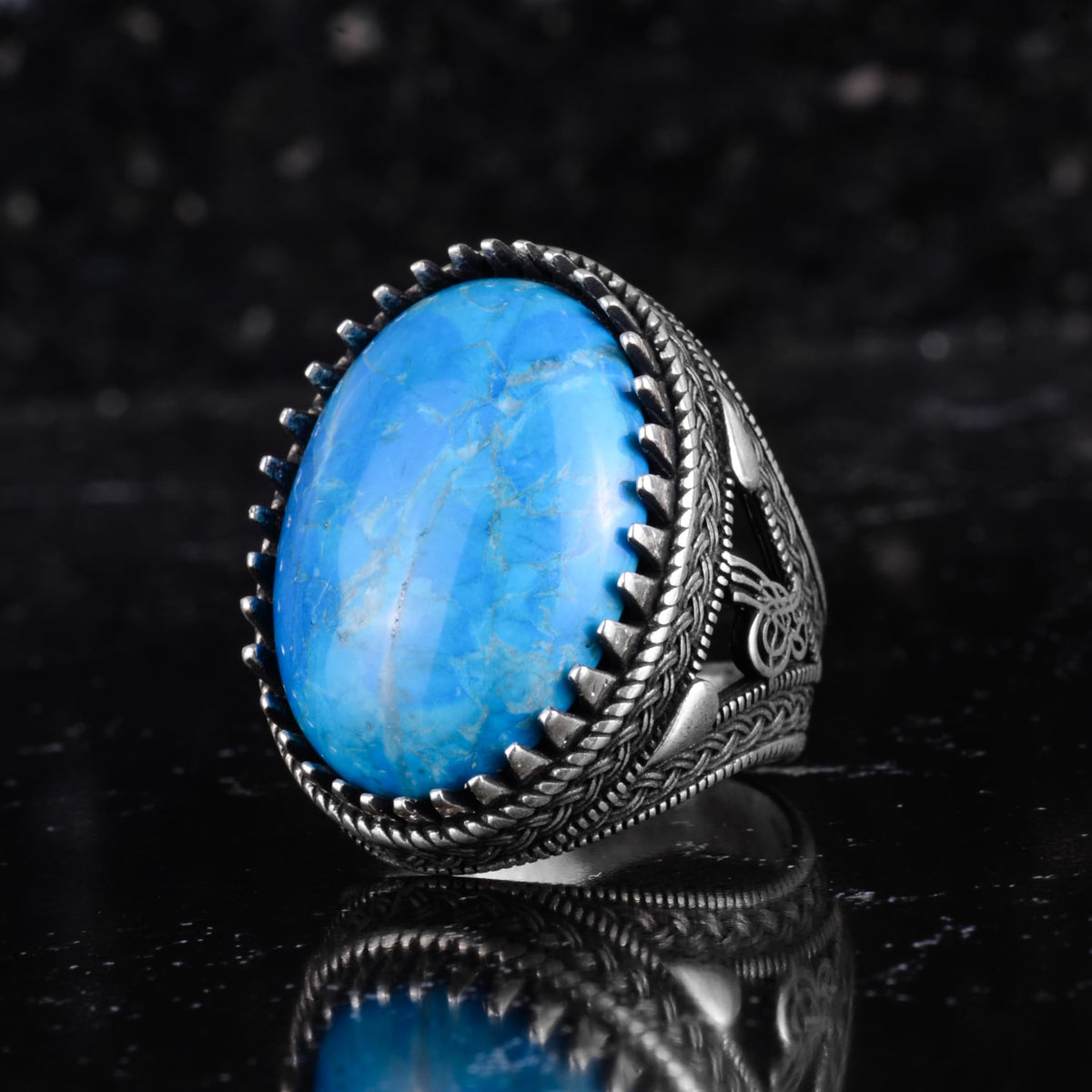 KAMBO Natural Turquoise Stone Ring 925 Sterling Silver Men's Ring Large Oval Stone Handmade Vintage Classic Design — 4