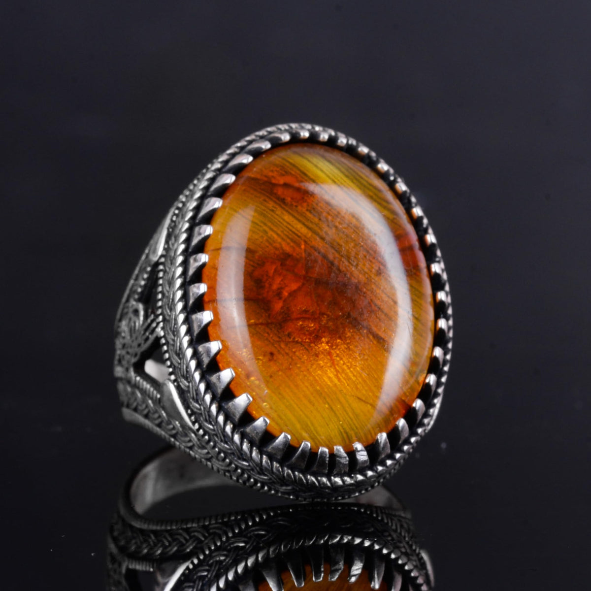 KAMBO Ottoman Tugra Design Natural Amber Stone Ring - 925 Sterling Silver Handmade (Model-2) — 5