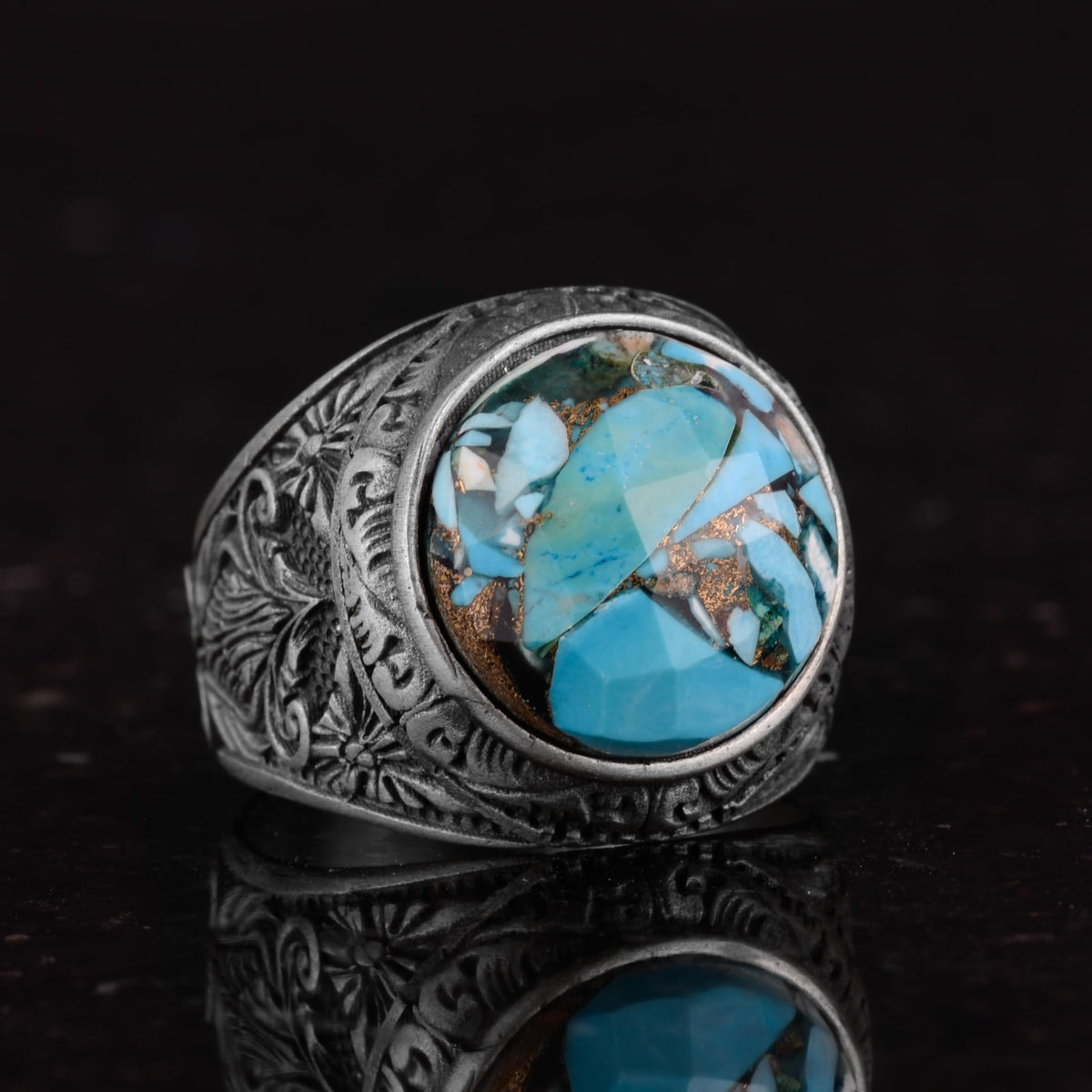 Silver Men's Ring with Natural Turquoise Stone and Detailed Flower Design — 5