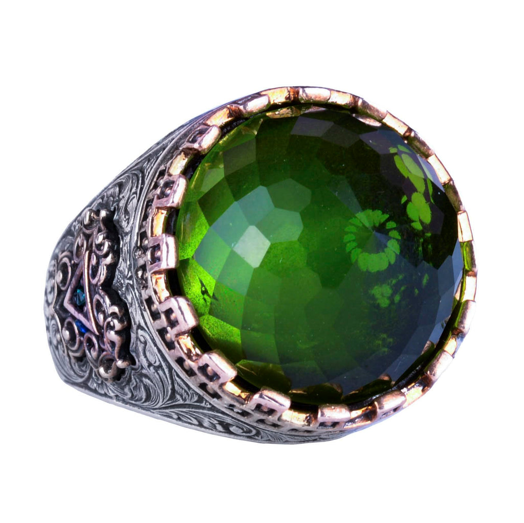 925 Sterling Silver Ring - King Ring - Artificial Stone Ring - Handmade Men's Ring (Artificial Peridot)