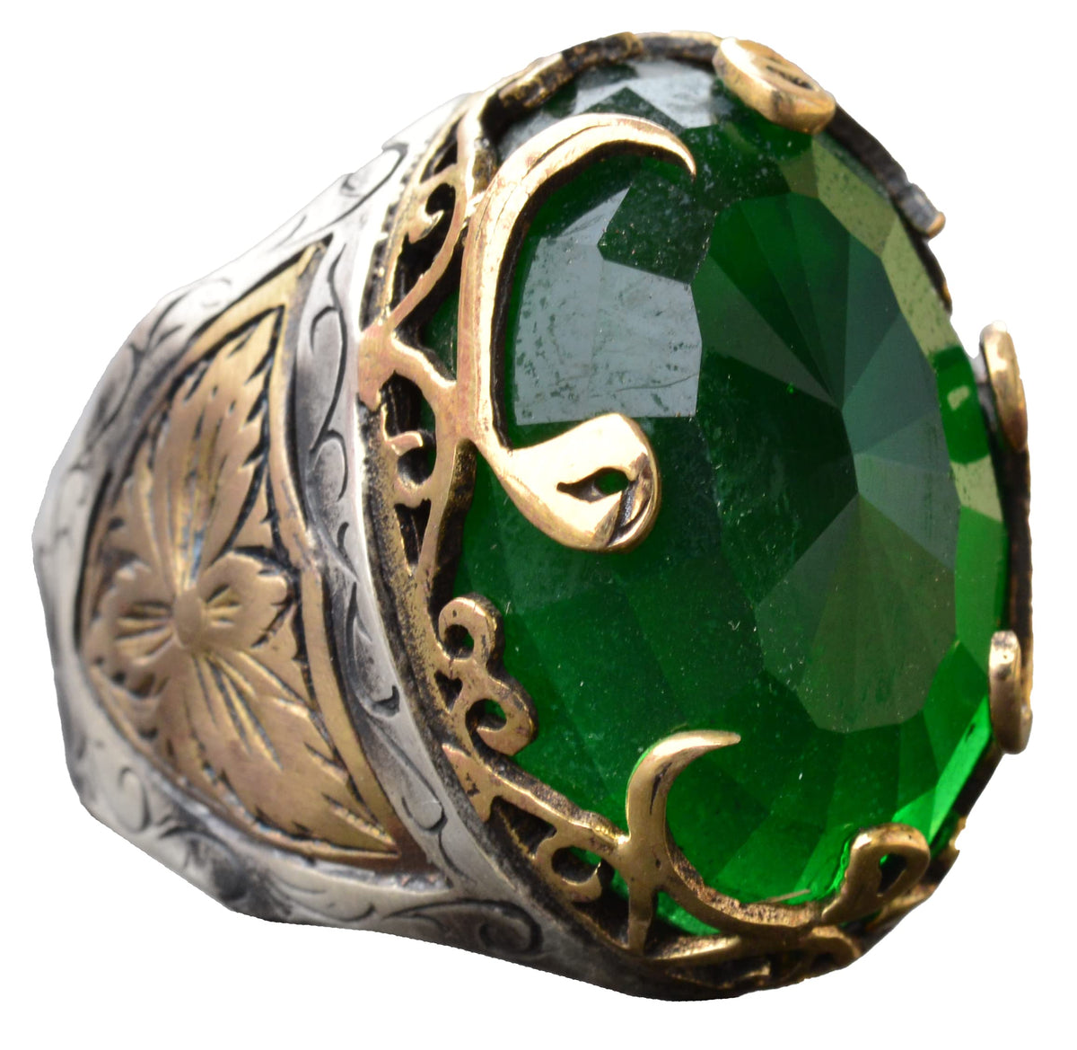 925 Sterling Silver Men's Ring, Artificial Emerald Stone, Ethnic Design