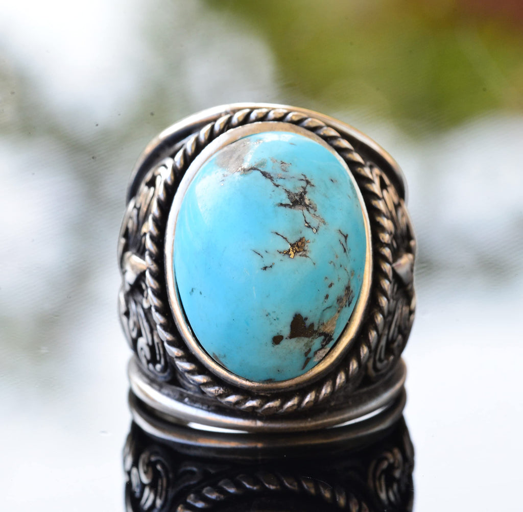 Natural Arizona Turquoise Stone Ring, Men's Ring, Silver Ring green — 5