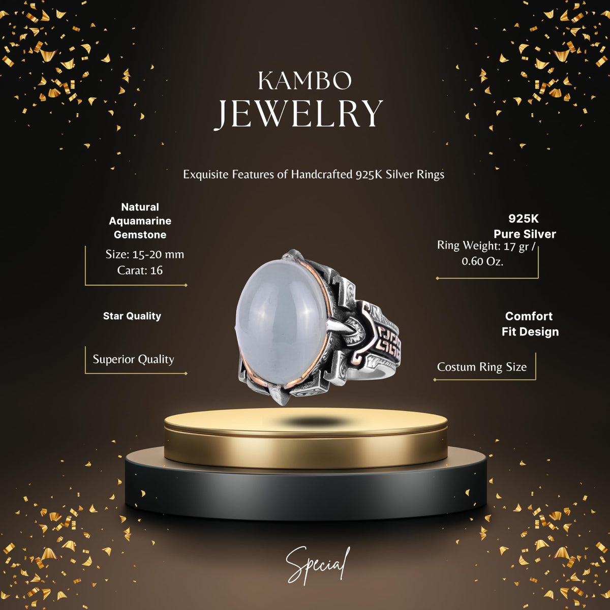 KAMBO Handmade 925 Sterling Silver Aquamarine Ring for Men – Elegant Vintage Statement Jewelry, Natural Gemstone, Mascul