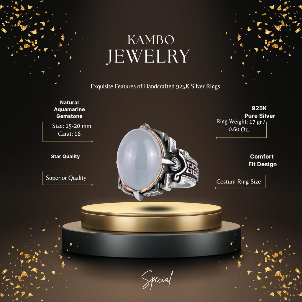 KAMBO Natural Stone Ring 925 Sterling Silver – Handmade Men's Statement Ring Healing Jewelry (Aquamarine) — 2